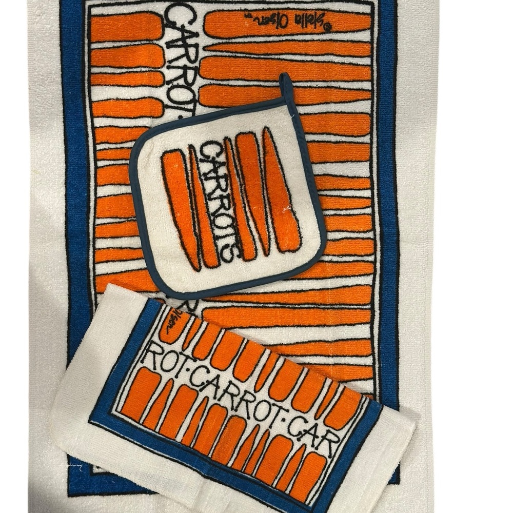 Vintage 1970’s Carrot Design Kitchen Linen Set - Orange and Blue (Stella Olsen)